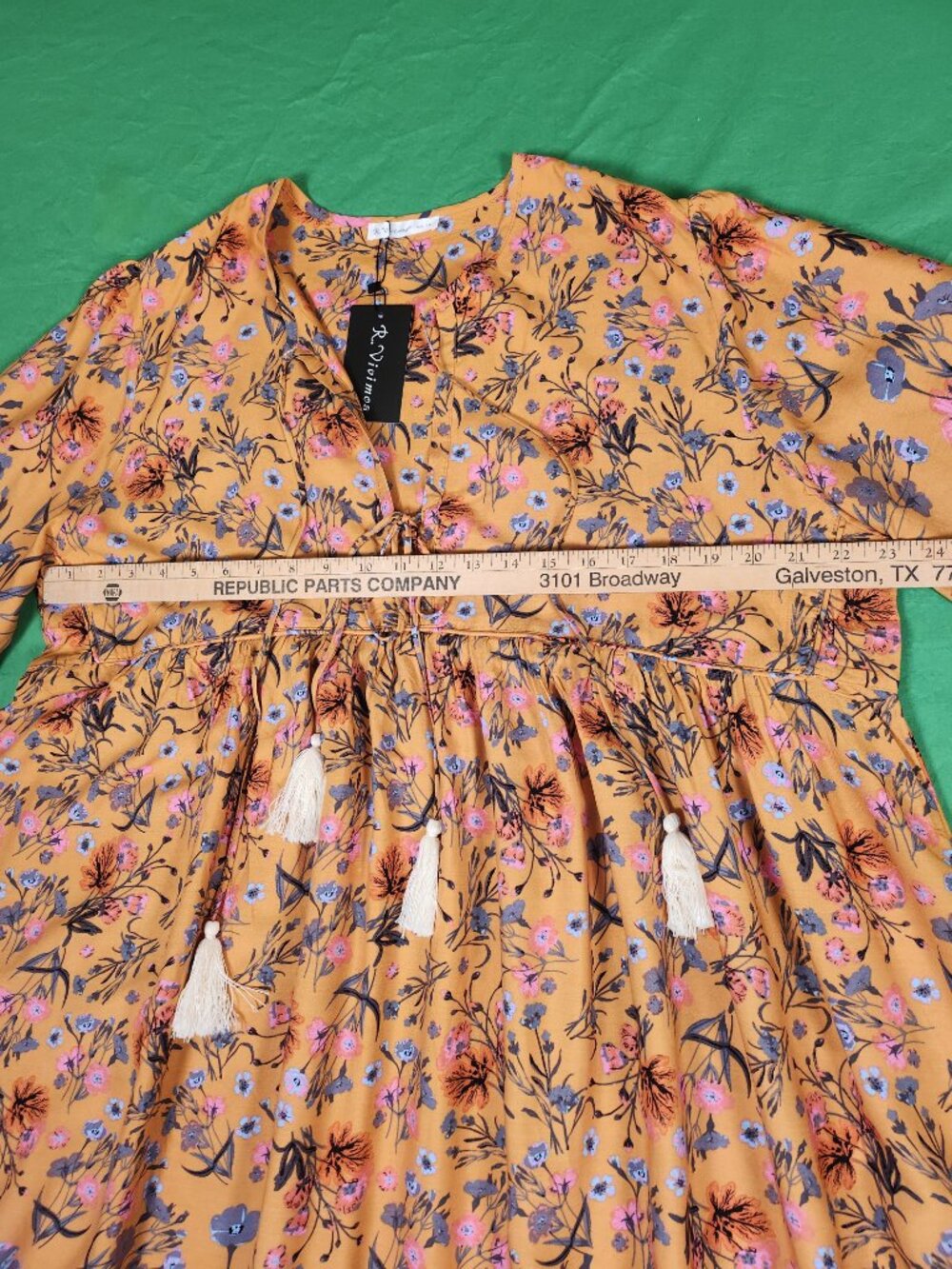 R.Vivimos Mustard Yellow Boho Floral Tassel Maxi Dress Peasant 2XL 70s Vibe NWT - Picture 9 of 13